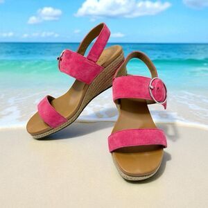 UGG Navee Suede Ankle Strap Wedges Bright Hot Pink Sandals Espadrilles Size 9.5